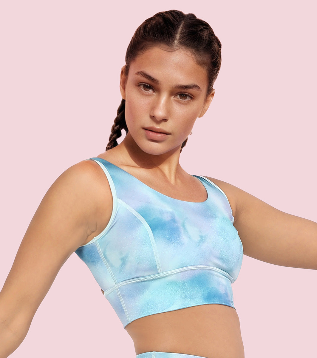 Enamor Cutaway Back Detail Quick Dry Printed Sports Bra - Removable Padding, Non-Wired, Medium Coverage - A204 (Galaxy Splatter Prt)